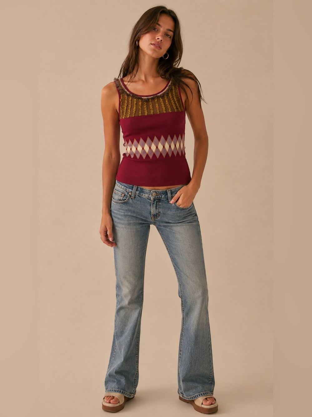 Save the queen Y2K Burgundy Argyle Ruffle Tank Top Fairy Grunge sz medium artsy